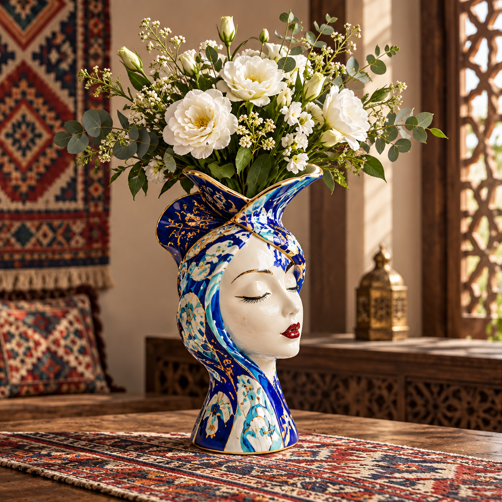Moroccan lady face ceramic vase with white roses and baby's breath beside Moroccan lattice window and lantern
