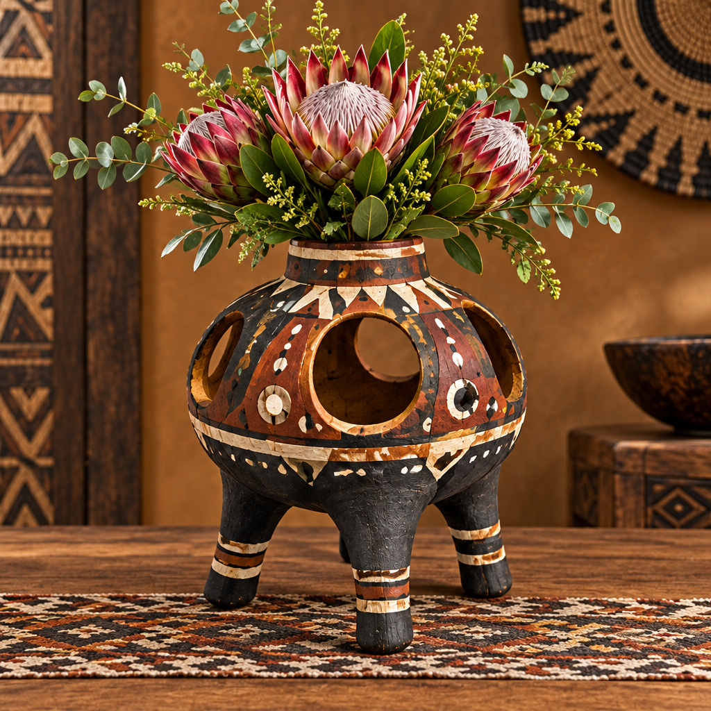 Front view of tribal globe cut-out wooden vase with king proteas and wattle on a tribal rug in warm ambient light