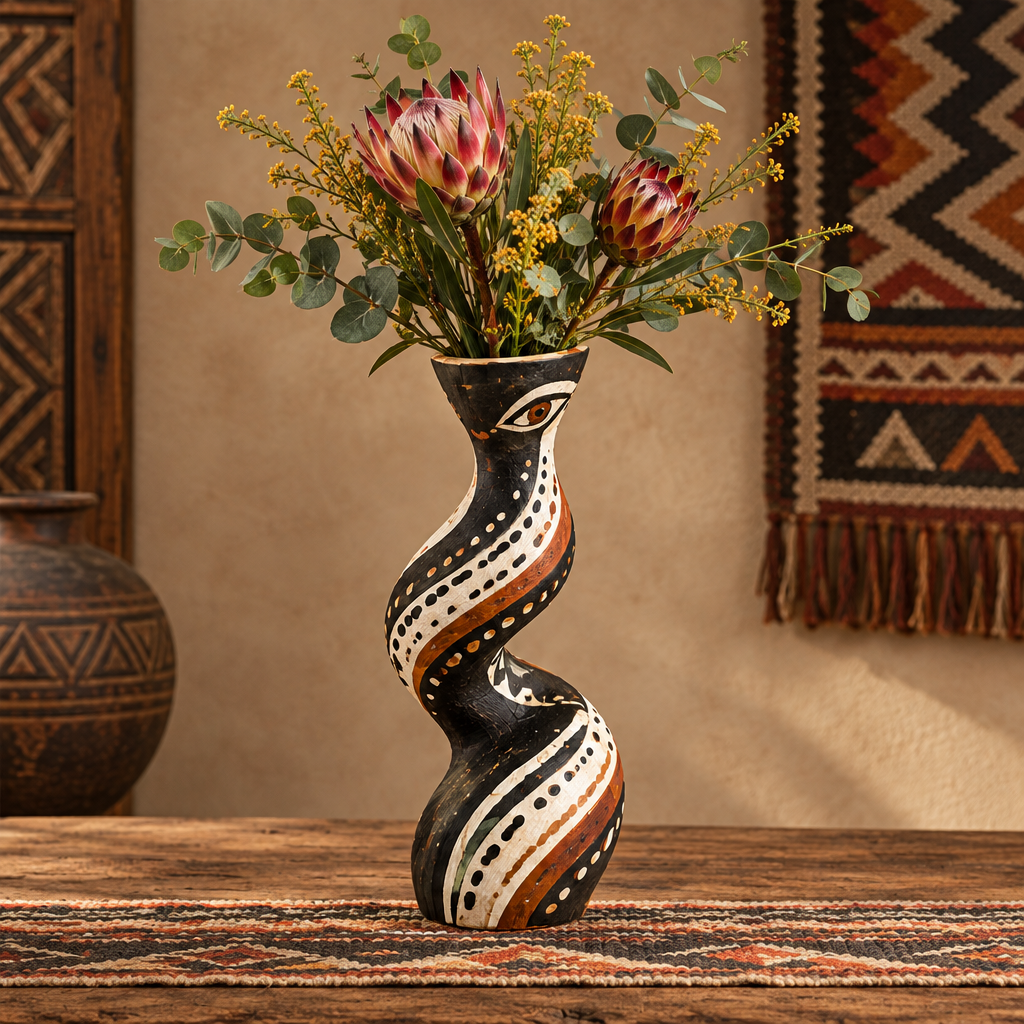 Full view of African tribal eye twist wooden vase with proteas and yellow wattle on a tribal rug beside African wall decor