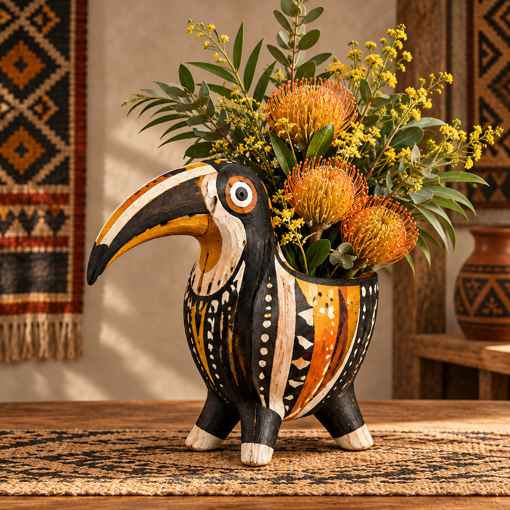 Tribal toucan wood planter vase with orange pincushion proteas and wattle on a jute mat in warm ambient light