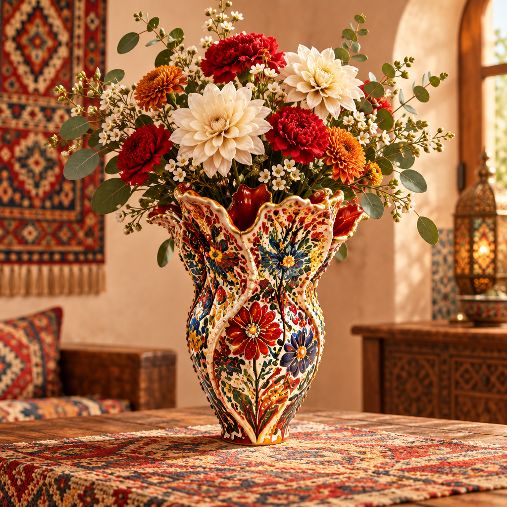 Folk art ruffle top ceramic vase filled with dahlias, carnations and chrysanthemums beside Moroccan lantern and Persian rug wall hanging