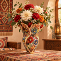 Folk art ruffle top ceramic vase filled with dahlias, carnations and chrysanthemums beside Moroccan lantern and Persian rug wall hanging