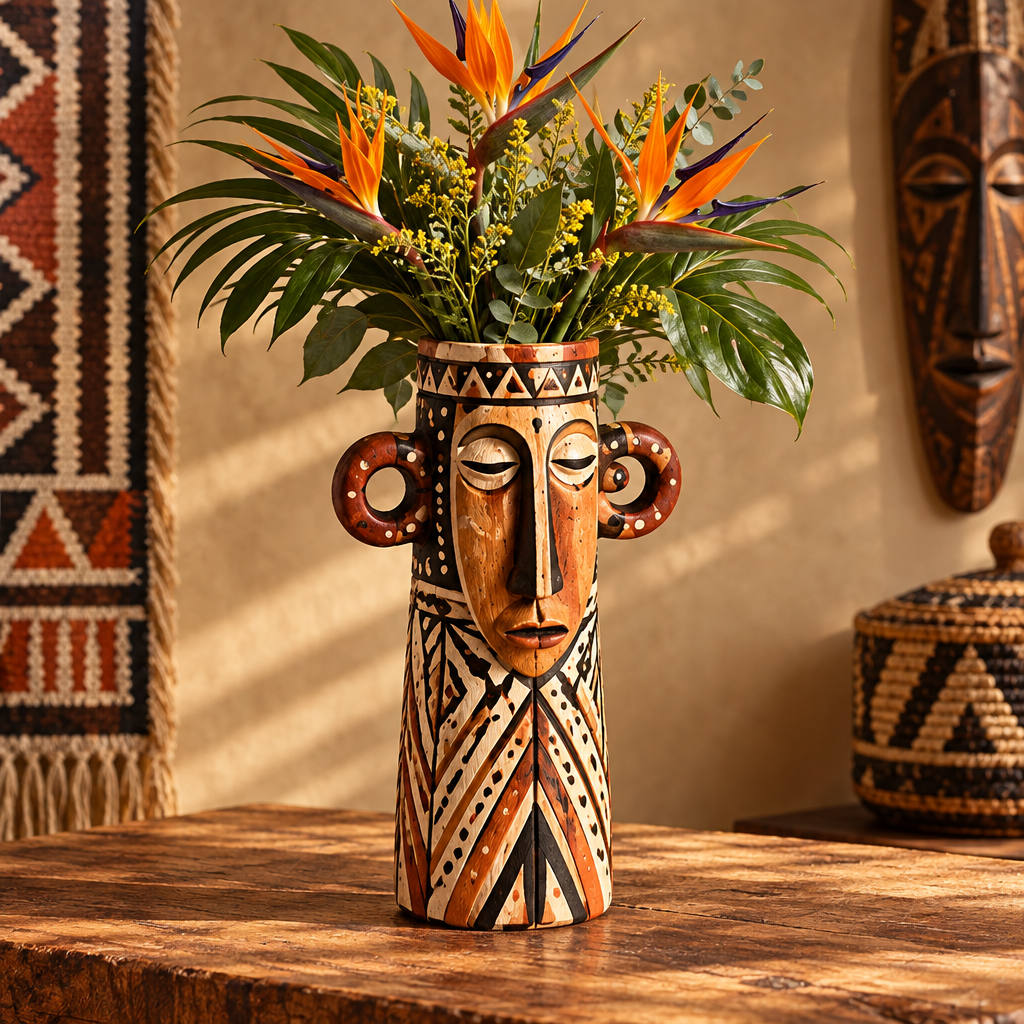 African tribal mask face wooden vase filled with birds of paradise and yellow wattle beside African wall decor in warm ambient light
