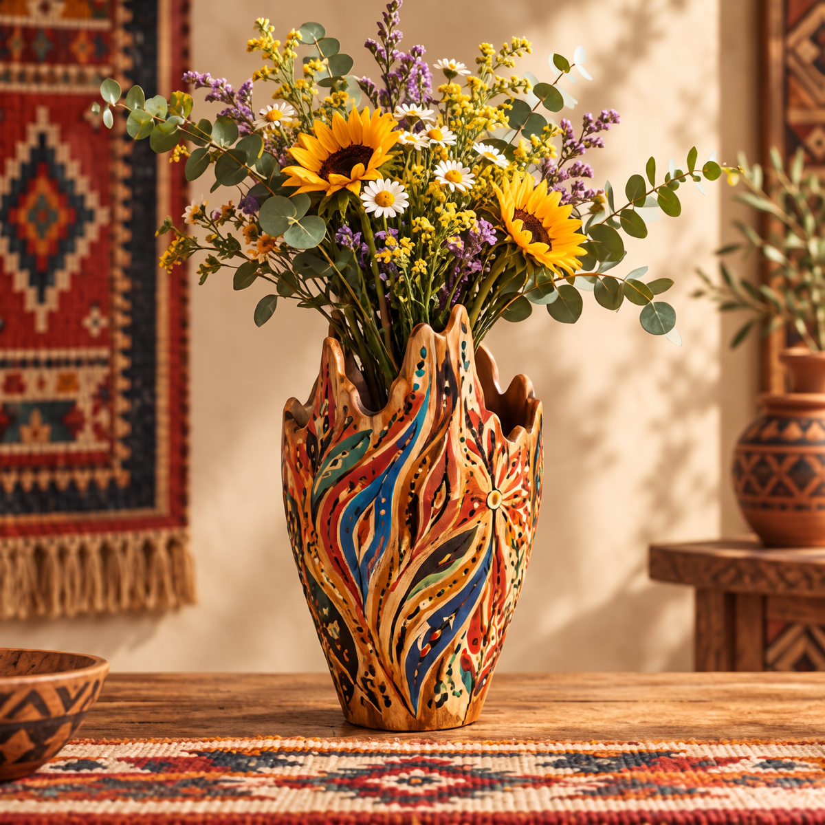 Flame crown colourful wooden vase with sunflowers, lavender and eucalyptus on a wooden table beside tribal rugs