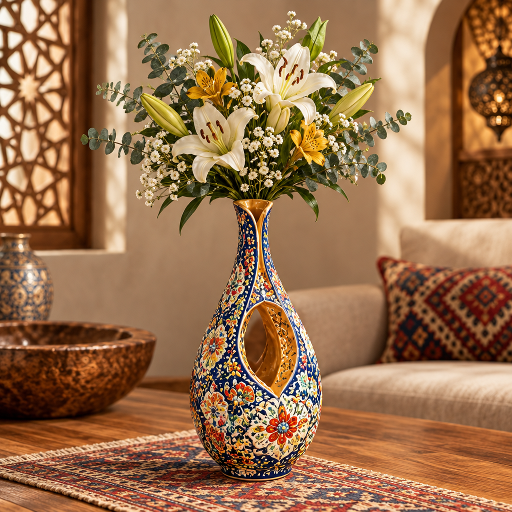 Persian cut-out teardrop ceramic vase with white lilies and baby's breath beside Moroccan lattice window and lantern