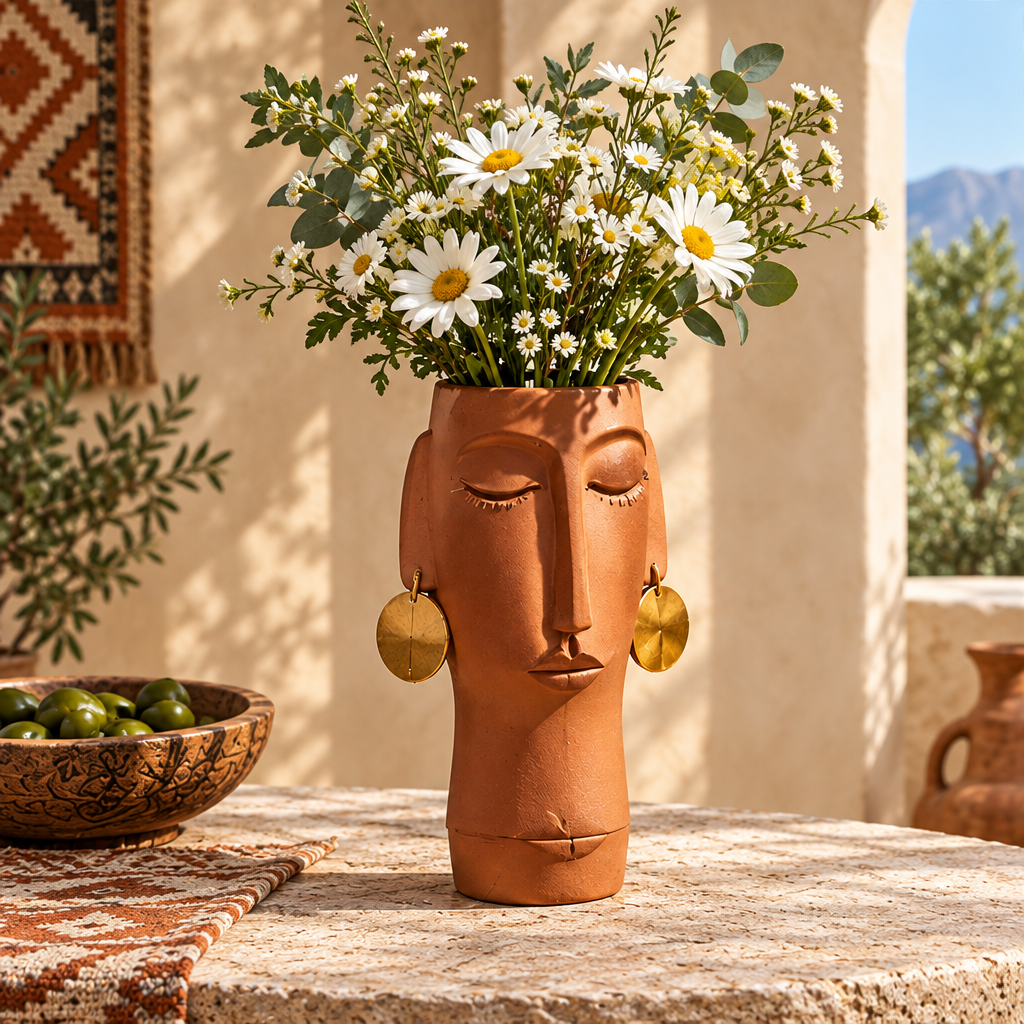 Terracotta face vase with gold disc earrings filled with daisies in a sunlit Mediterranean courtyard with tribal rug wall hanging