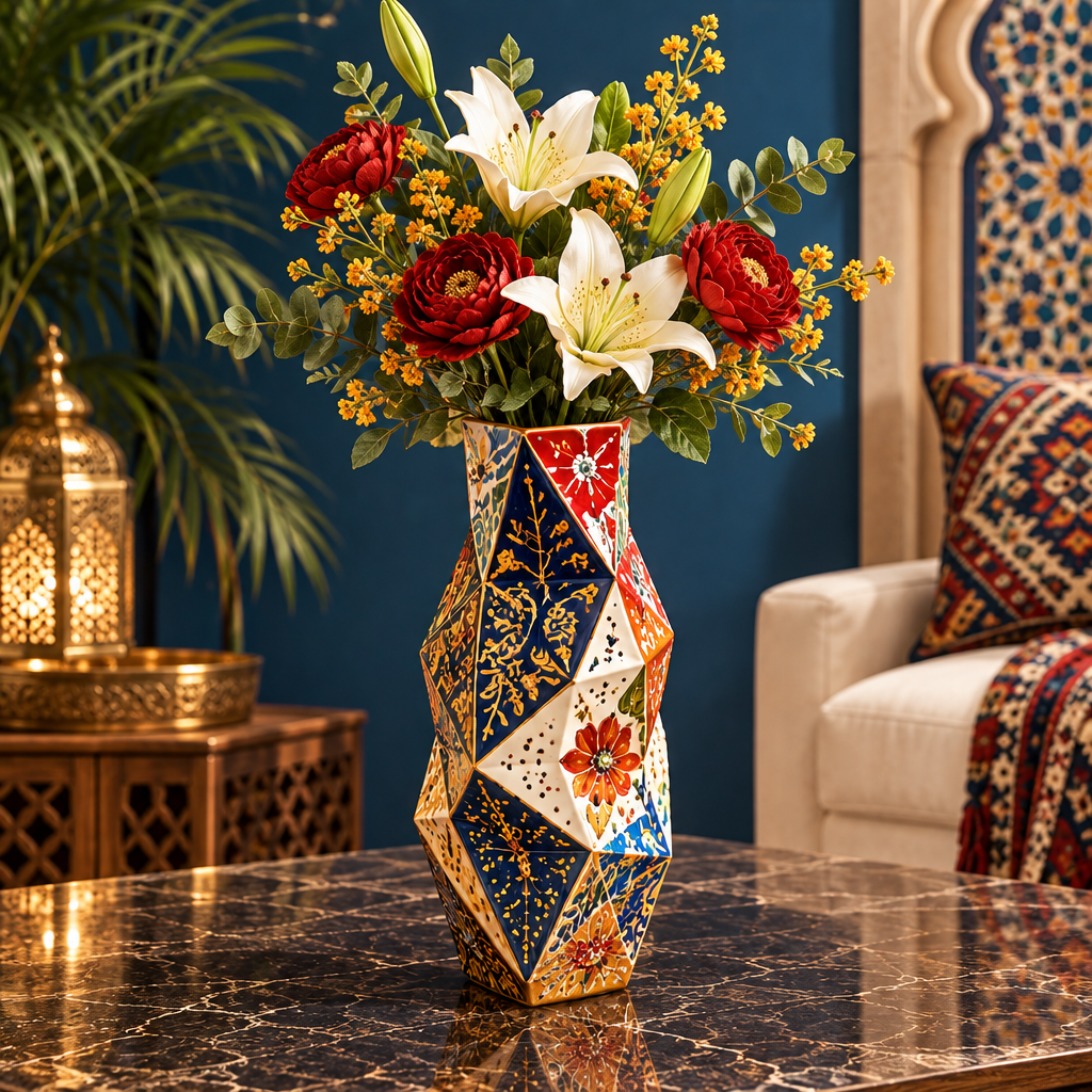 Geometric faceted hand-painted ceramic vase with red peonies and white lilies on marble table in a Moroccan living room with gold lanterns