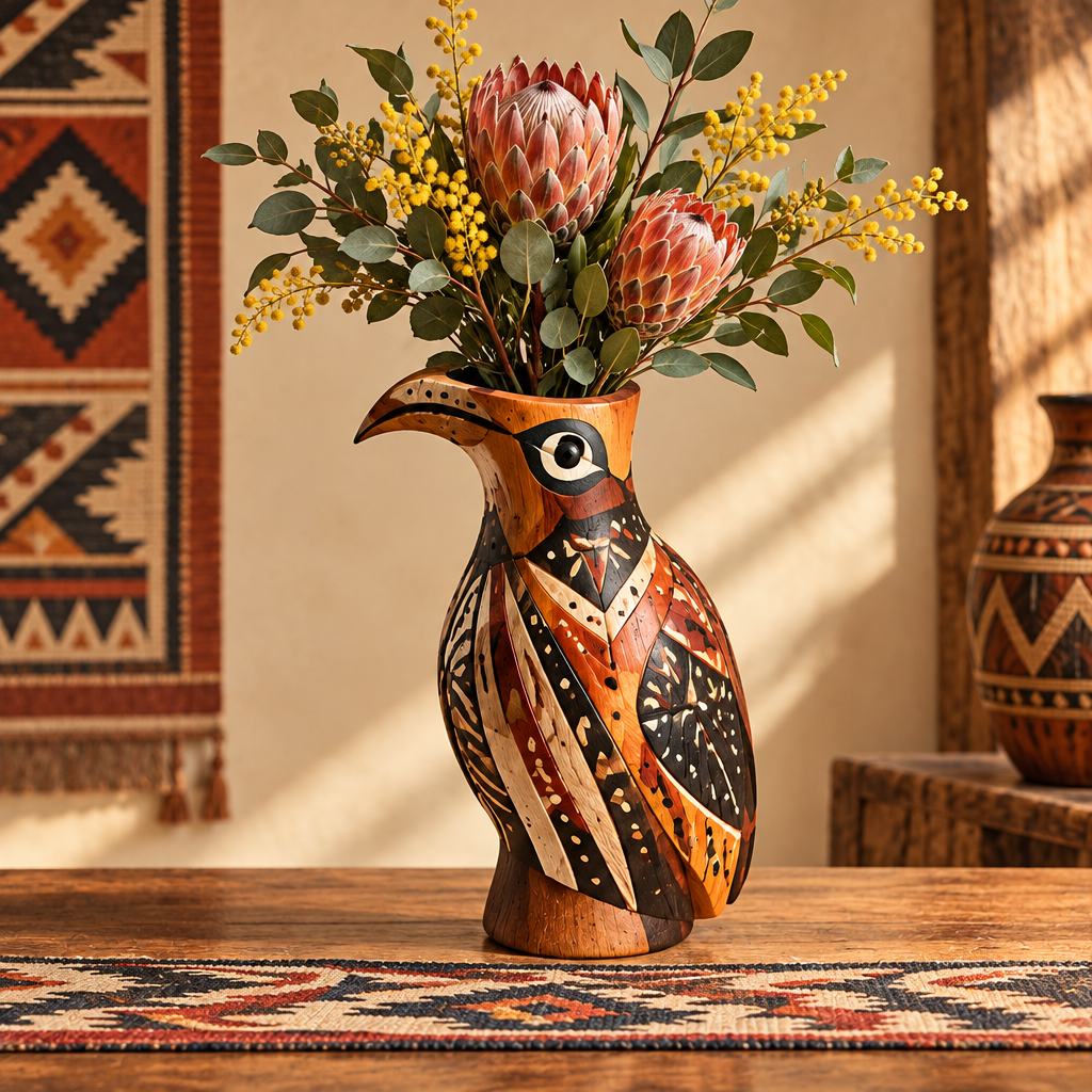 Full view of tribal bird vase with proteas and yellow wattle on a wooden table beside a tribal rug
