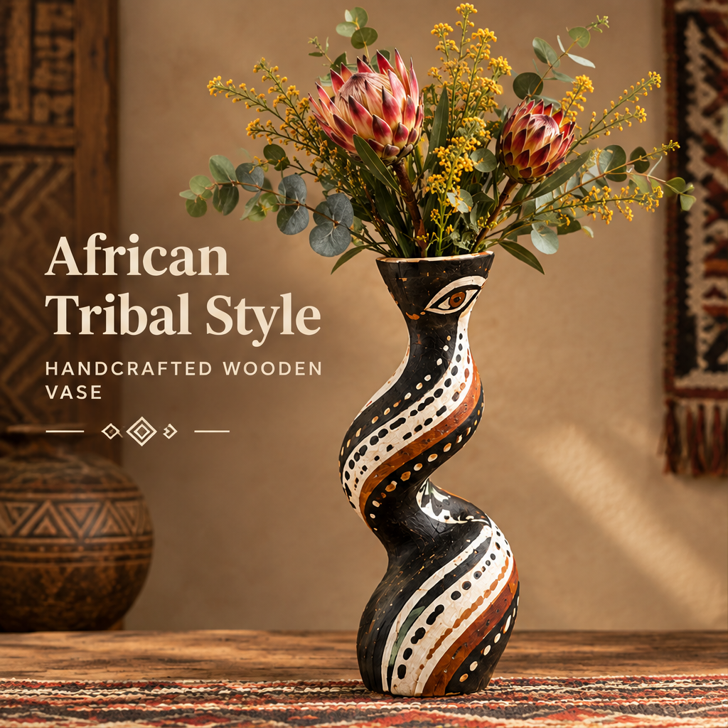 African tribal eye twist wooden vase with proteas and eucalyptus in a boho interior with text: African Tribal Style – Handcrafted Wooden Vase