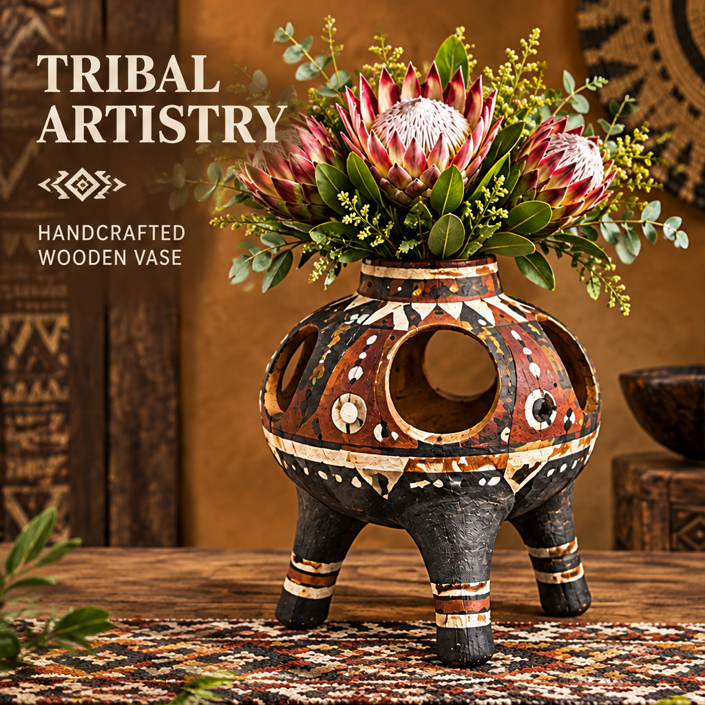Tribal globe cut-out wooden vase filled with king proteas and eucalyptus in a boho interior with text: Tribal Artistry – Handcrafted Wooden Vase