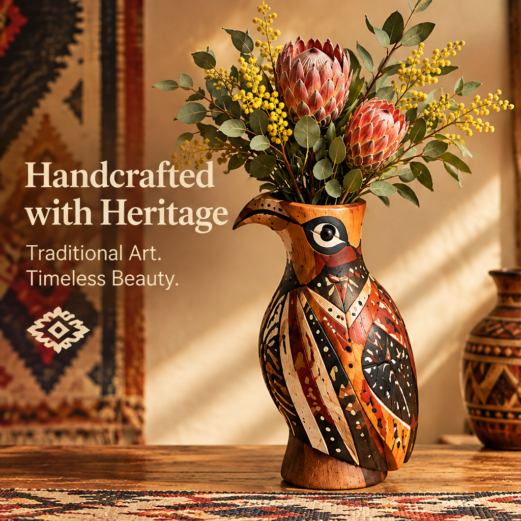 Tribal bird wood grain vase filled with proteas and eucalyptus in a boho interior with text: Handcrafted with Heritage – Traditional Art, Timeless Beauty
