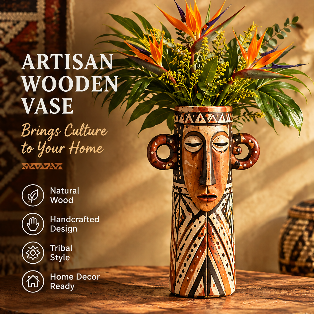 African tribal mask face wooden vase with birds of paradise and palm leaves in a boho interior with icons: Natural Wood, Handcrafted Design, Tribal Style, Home Decor Ready