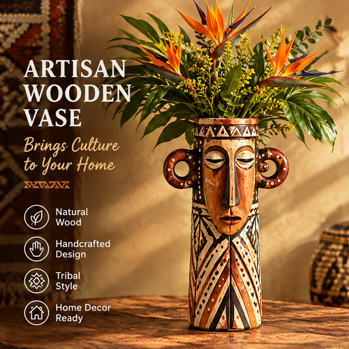 African tribal mask face wooden vase with birds of paradise and palm leaves in a boho interior with icons: Natural Wood, Handcrafted Design, Tribal Style, Home Decor Ready