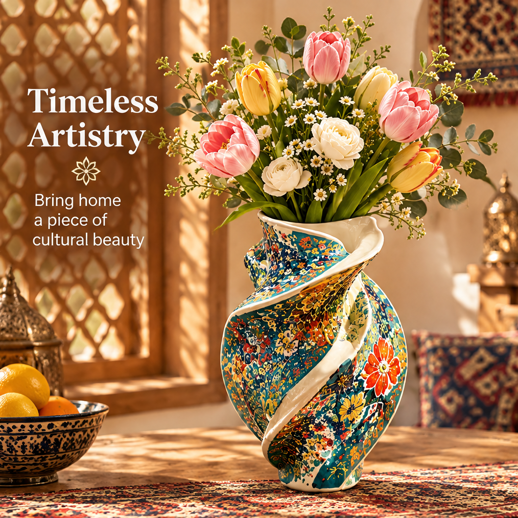 Persian floral twist hand-painted ceramic vase filled with tulips and ranunculus in a Moroccan interior with text: Timeless Artistry – Bring home a piece of cultural beauty