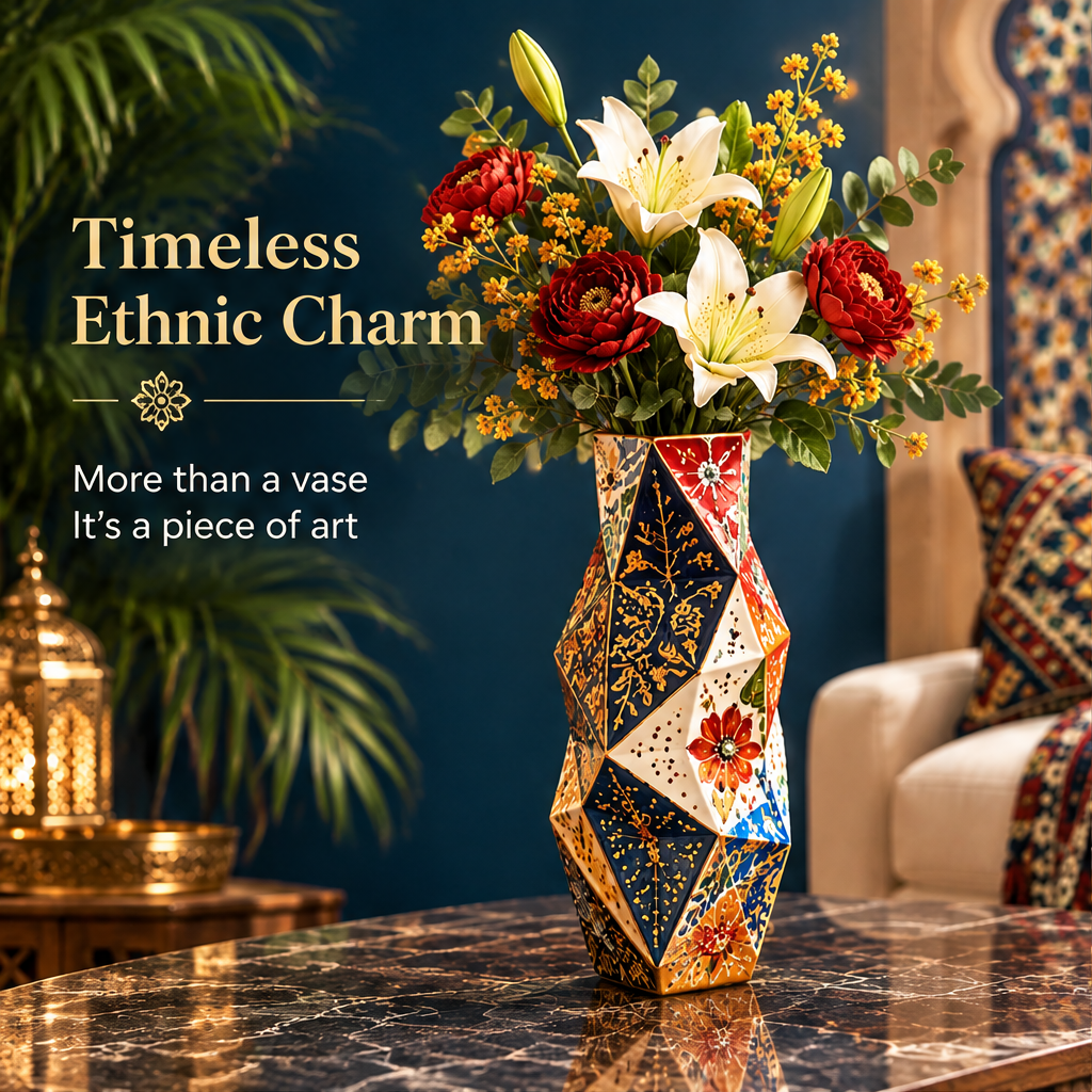 Geometric faceted hand-painted ceramic vase with red peonies, white lilies and yellow wattle in a Moroccan interior with text: Timeless Ethnic Charm – More than a vase, It’s a piece of art