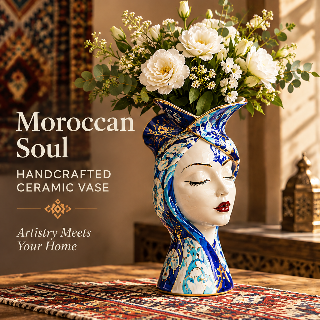 Moroccan lady face ceramic vase with white roses and eucalyptus in a Moroccan interior with text: Moroccan Soul – Handcrafted Ceramic Vase, Artistry Meets Your Home