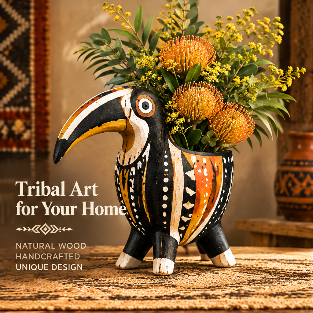 Tribal toucan wood planter vase filled with pincushion proteas and yellow wattle in a boho interior with text: Tribal Art for Your Home