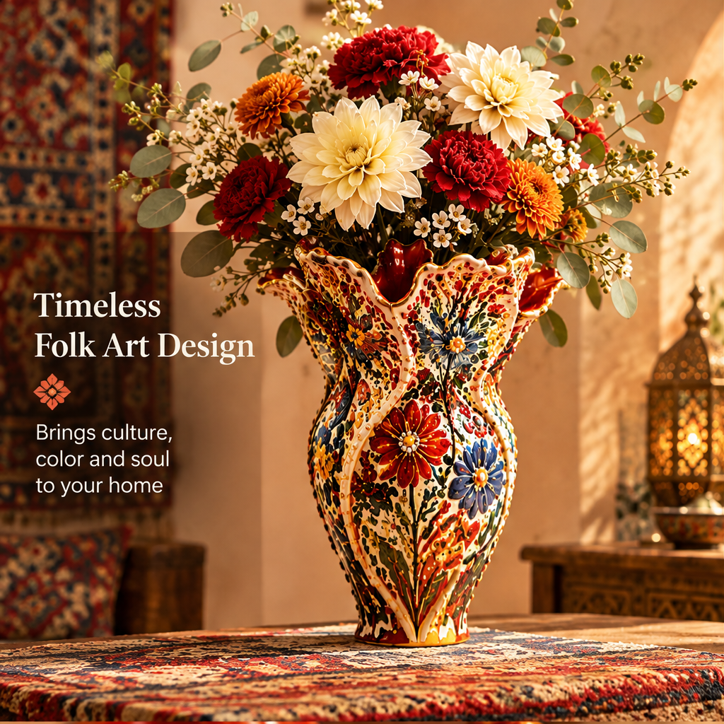 Folk art ruffle top ceramic vase with dahlias and carnations in a Moroccan interior with text: Timeless Folk Art Design – Brings culture, color and soul to your home