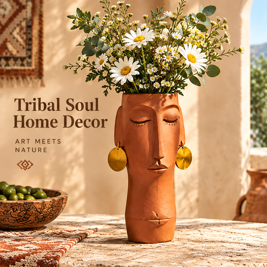 Terracotta face vase with gold disc earrings filled with daisies and eucalyptus in a Mediterranean courtyard with text: Tribal Soul Home Decor – Art Meets Nature