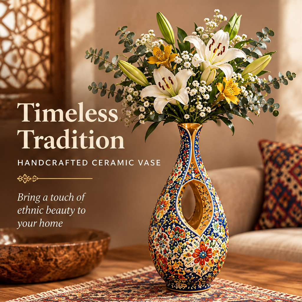 Persian cut-out teardrop ceramic vase with white lilies and yellow alstroemeria in a Moroccan interior with text: Timeless Tradition – Handcrafted Ceramic Vase