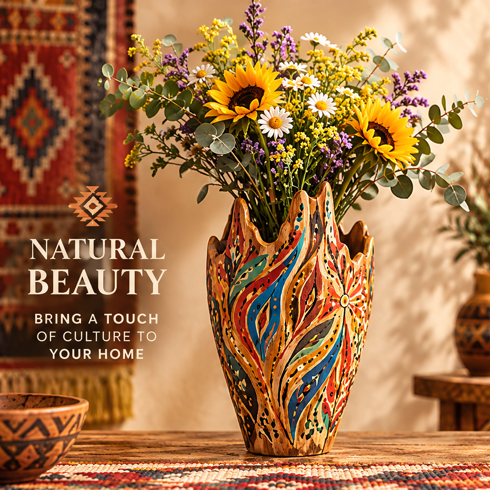 Flame crown hand-carved colourful wooden vase filled with sunflowers, daisies and eucalyptus in a boho interior with text: Natural Beauty – Bring a Touch of Culture to Your Home