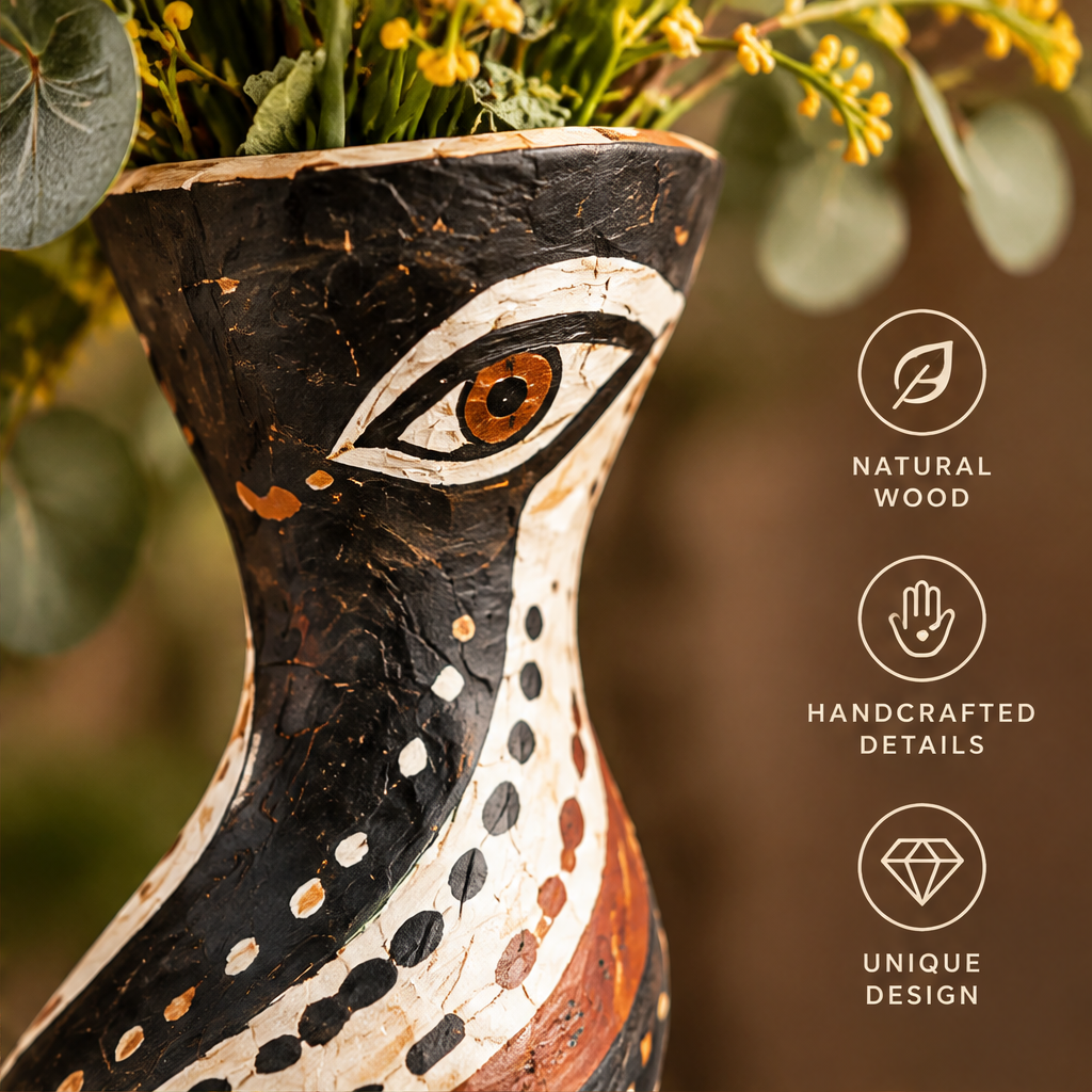 Close-up of eye motif on African tribal twist wooden vase with icons: Natural Wood, Handcrafted Details, Unique Design
