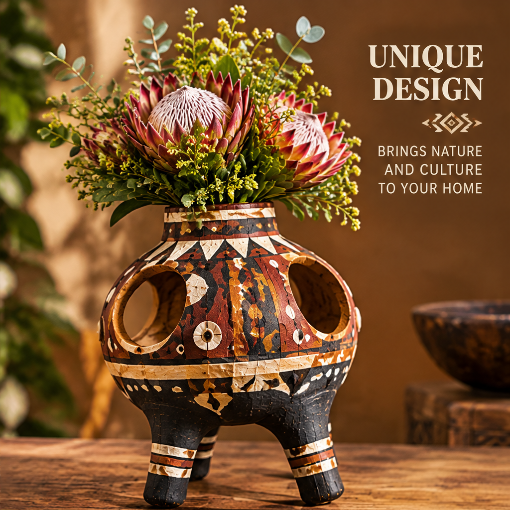 Side view of tribal globe wooden vase with proteas and text: Unique Design – Brings Nature and Culture to Your Home