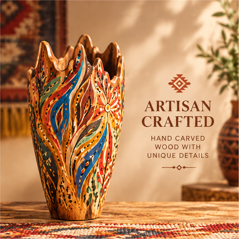 Empty flame crown hand-carved wooden vase showing artisan craftsmanship with text: Artisan Crafted – Hand Carved Wood with Unique Details