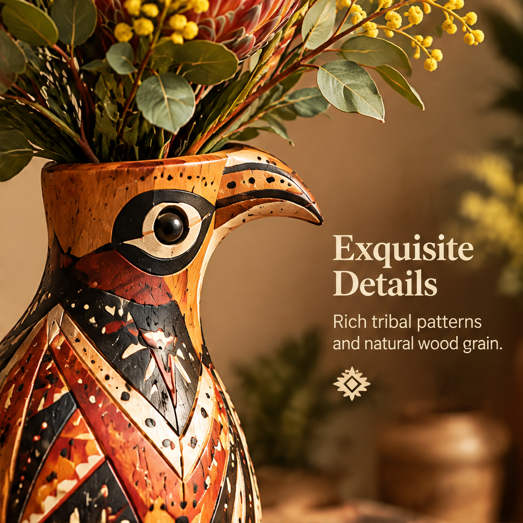 Close-up of bird head detail on tribal wood vase with text: Exquisite Details – Rich Tribal Patterns and Natural Wood Grain