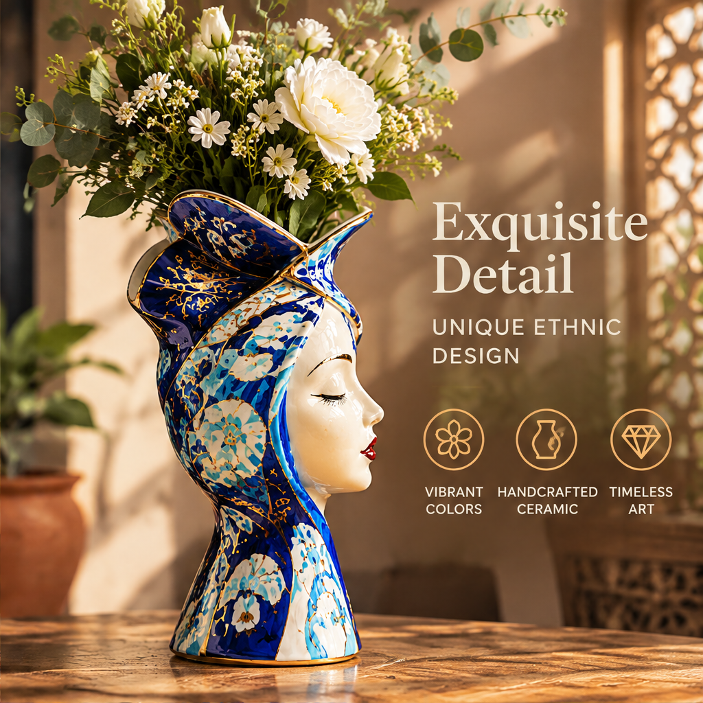 Side profile of Moroccan lady face ceramic vase with white flowers with text: Exquisite Detail – Unique Ethnic Design, Vibrant Colors, Handcrafted Ceramic, Timeless Art