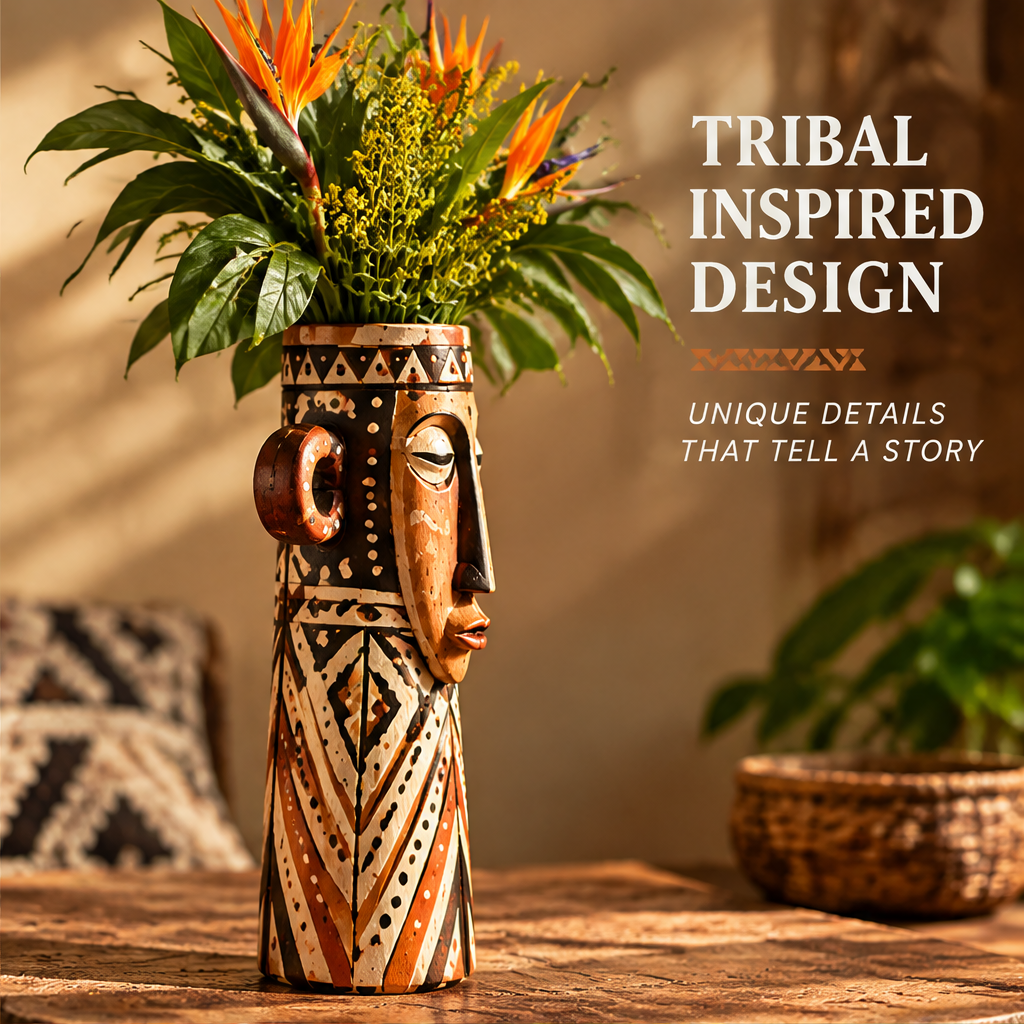 Side profile of African tribal mask face wooden vase with florals and text: Tribal Inspired Design – Unique Details That Tell a Story