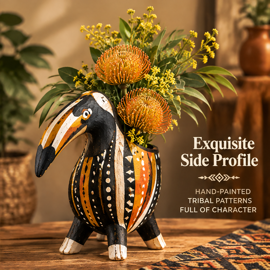 Side profile of tribal toucan wood planter vase with text: Exquisite Side Profile – Hand-Painted Tribal Patterns, Full of Character