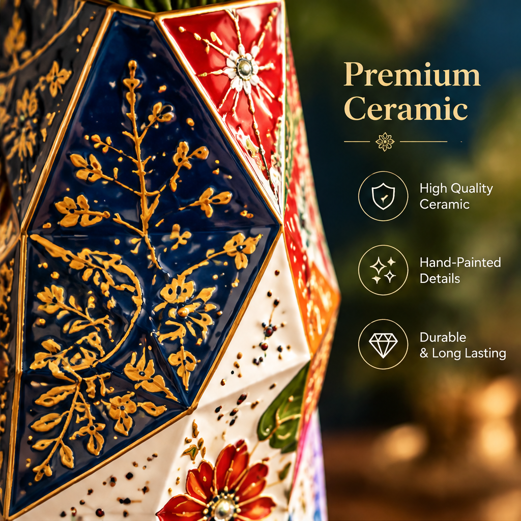 Close-up of geometric faceted ceramic vase panels showing gold botanical and red floral hand-painted details with icons: Premium Ceramic – High Quality, Hand-Painted Details, Durable & Long Lasting