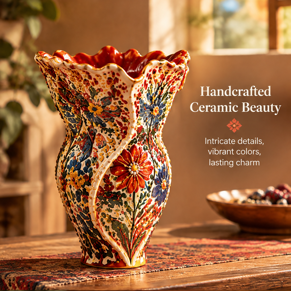 Empty folk art ruffle top ceramic vase with wavy rim on warm wooden table with text: Handcrafted Ceramic Beauty – Intricate details, vibrant colors, lasting charm