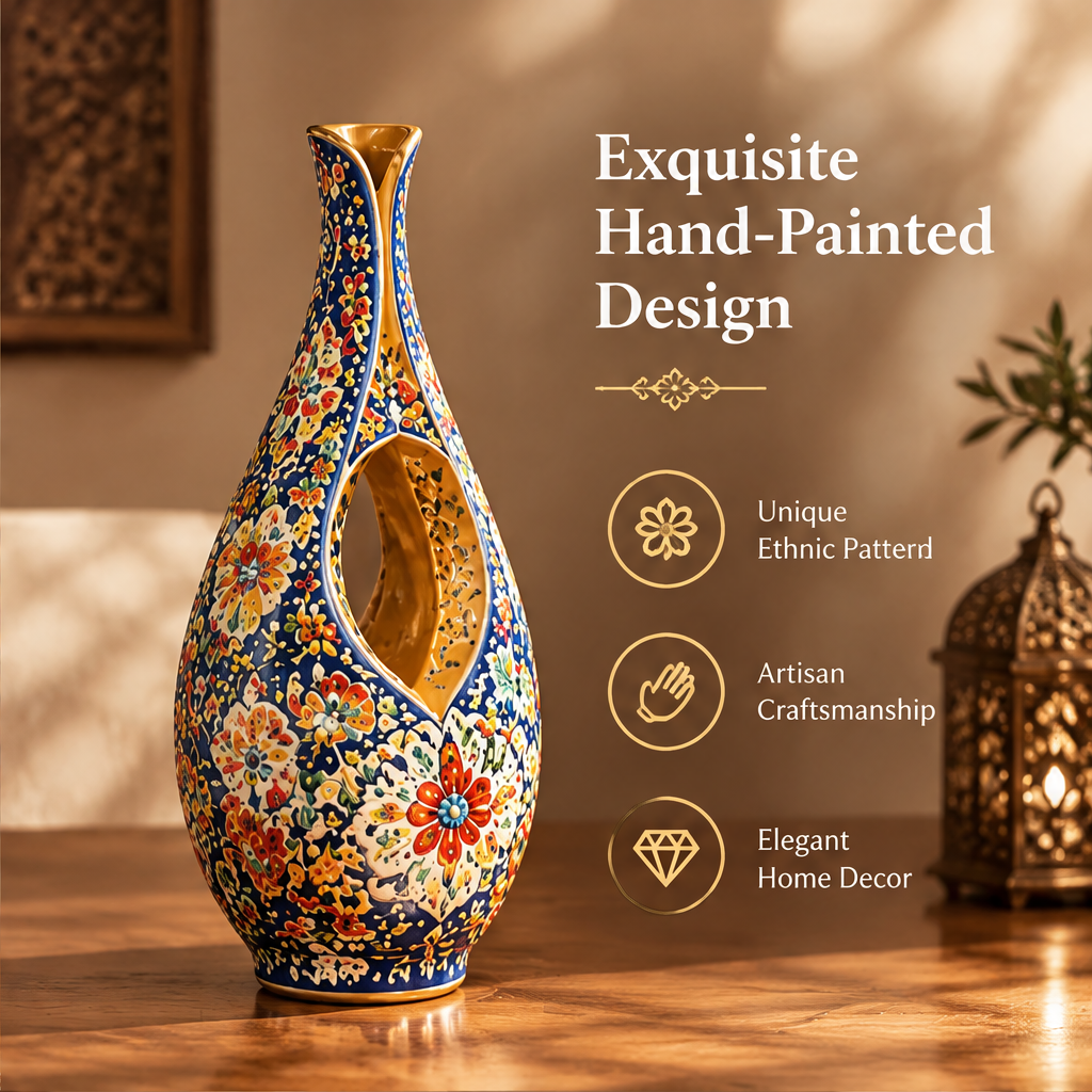 Empty Persian cut-out teardrop ceramic vase showing gold interior beside Moroccan lantern with icons: Unique Ethnic Pattern, Artisan Craftsmanship, Elegant Home Decor