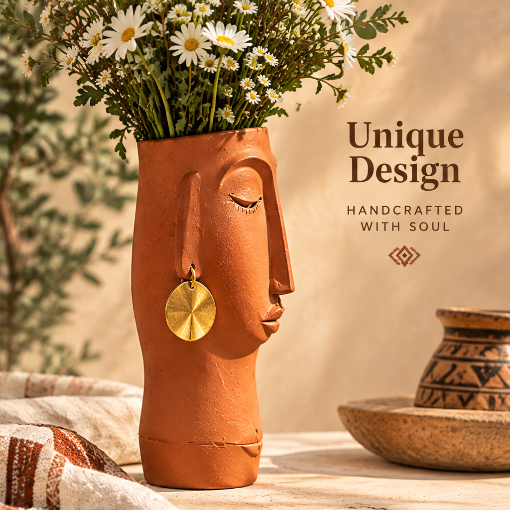 Side profile of terracotta face vase with gold disc earring and daisies with text: Unique Design – Handcrafted with Soul