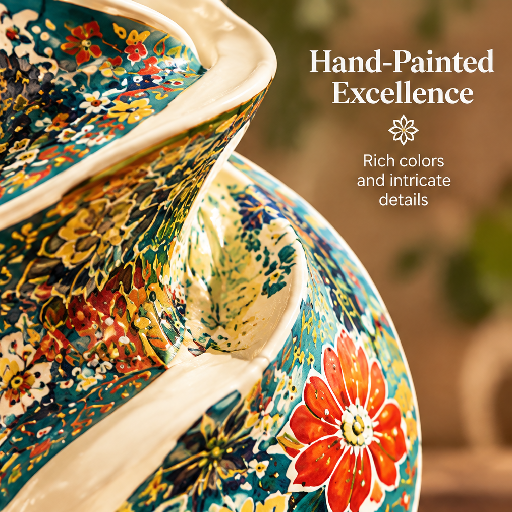 Close-up of hand-painted Persian floral pattern on twist ceramic vase with text: Hand-Painted Excellence – Rich Colors and Intricate Details