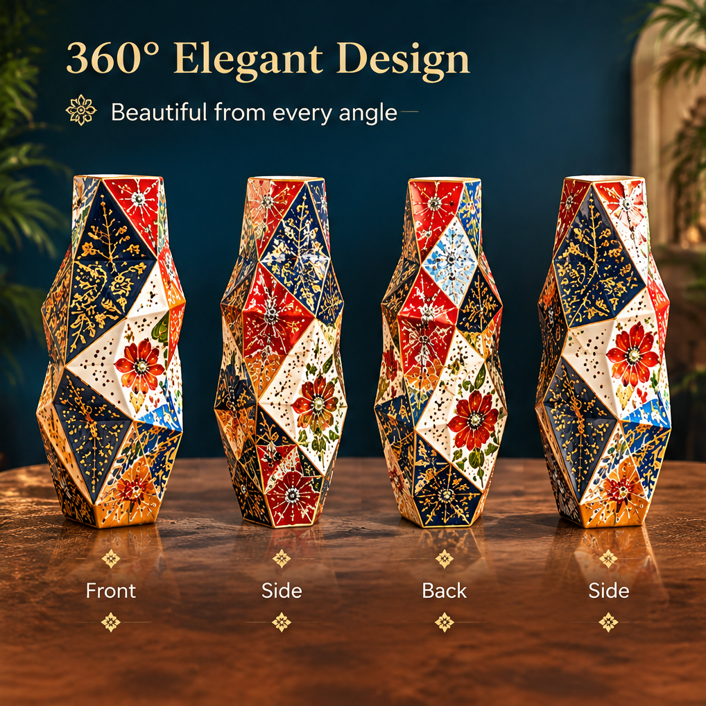 Four-angle view of geometric faceted ceramic vase showing Front, Side, Back and Side panels with text: 360° Elegant Design – Beautiful from every angle