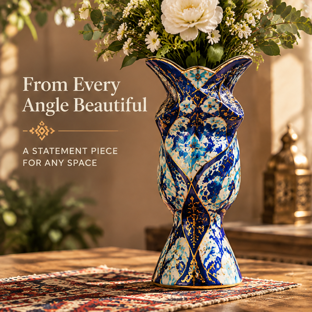 Back view of Moroccan lady face ceramic vase showing blue Persian tile pattern on body with text: From Every Angle Beautiful – A Statement Piece for Any Space
