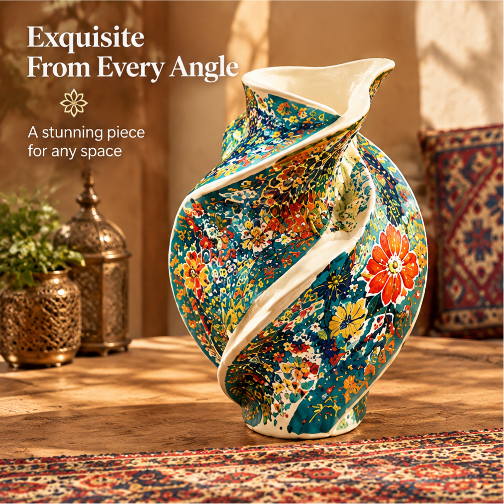 Side view of Persian floral twist ceramic vase empty on a tribal rug with text: Exquisite from Every Angle – A Stunning Piece for Any Space