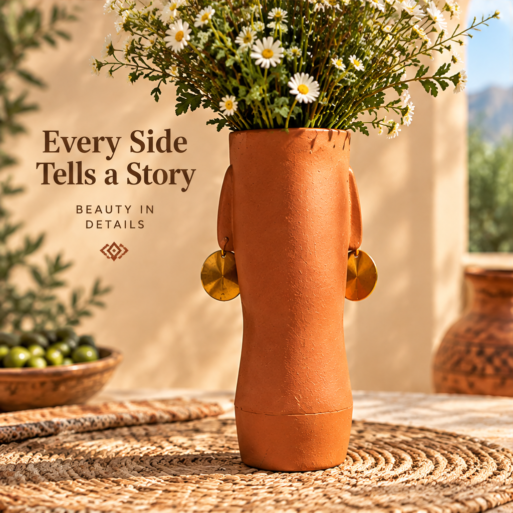 Back view of terracotta face vase on woven mat outdoors with text: Every Side Tells a Story – Beauty in Details