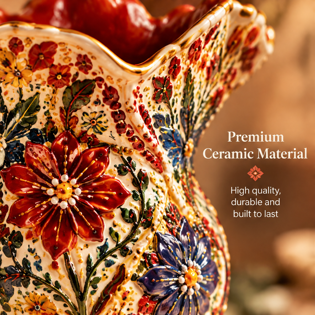 Close-up of raised folk floral relief on ceramic vase with text: Premium Ceramic Material – High quality, durable and built to last