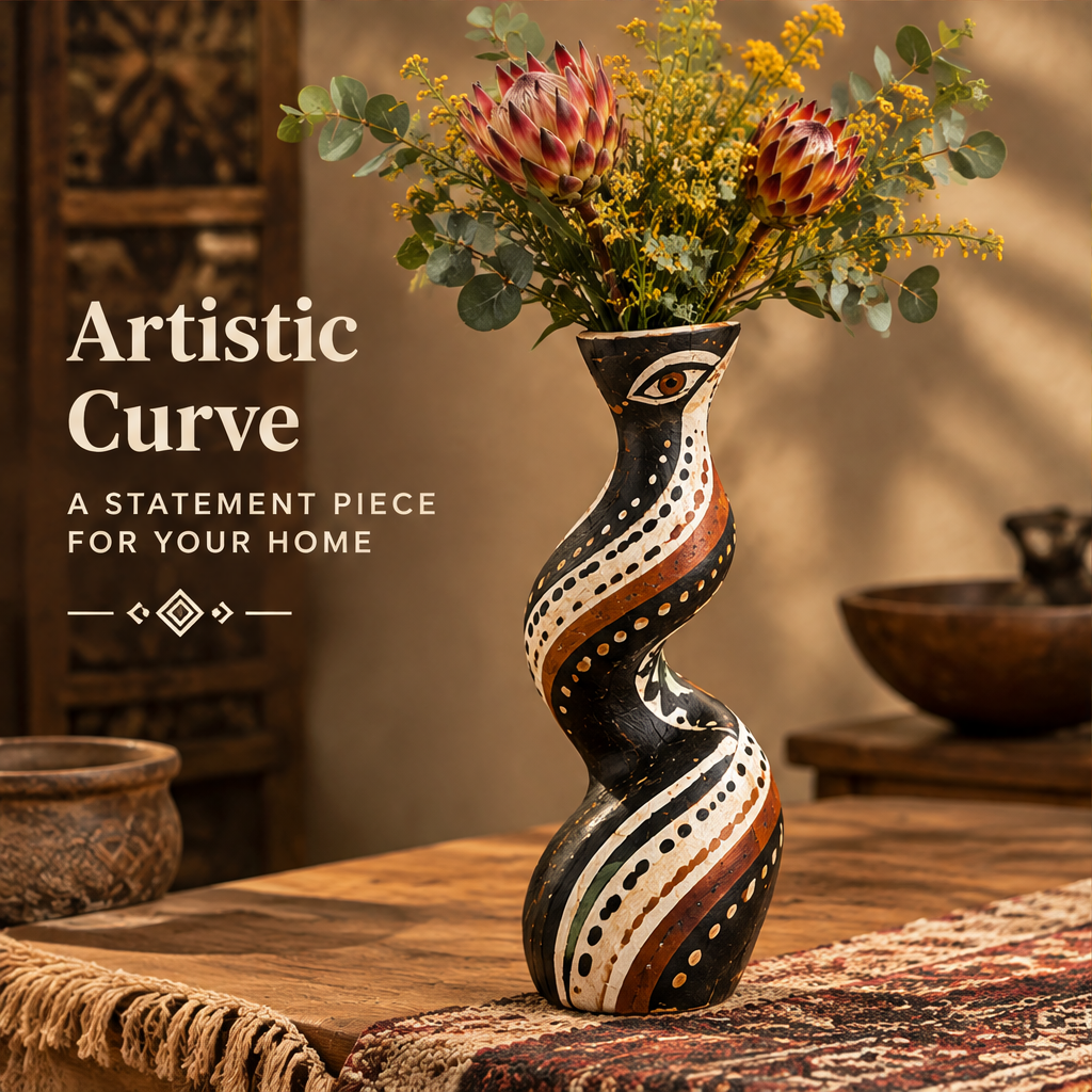 Side view of African tribal eye twist wooden vase with proteas and text: Artistic Curve – A Statement Piece for Your Home