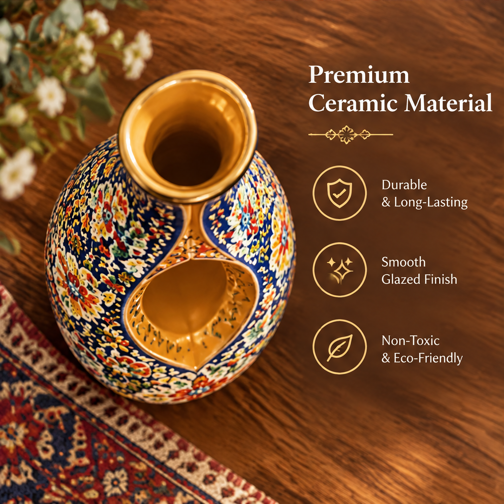 Top-down view of Persian cut-out teardrop ceramic vase showing gold glazed interior with icons: Durable, Smooth Glazed Finish, Non-Toxic & Eco-Friendly