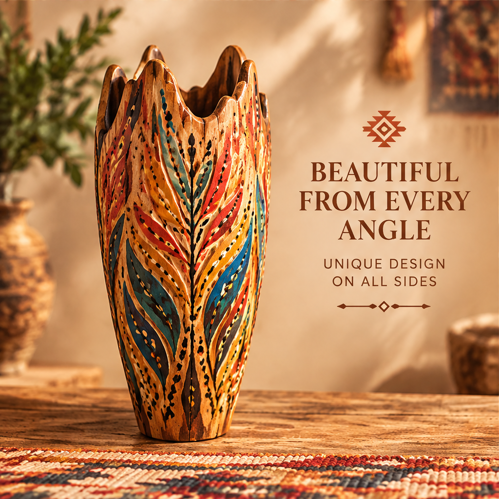 Back view of flame crown colourful wooden vase with text: Beautiful from Every Angle – Unique Design on All Sides