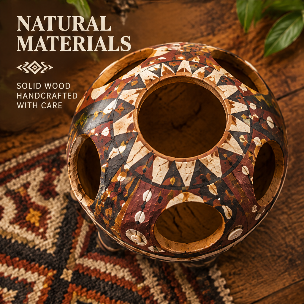 Top-down view of tribal globe wooden vase showing mosaic interior and cut-outs with text: Natural Materials – Solid Wood, Handcrafted with Care