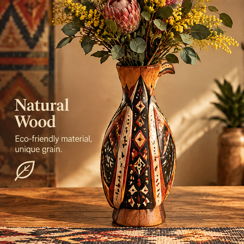 Back view of tribal bird vase showing natural wood grain and geometric patterns with text: Natural Wood – Eco-friendly Material, Unique Grain