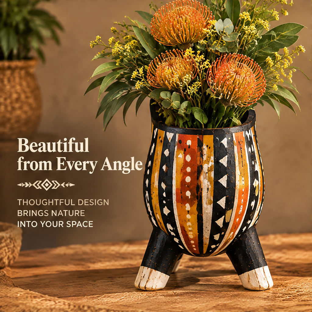 Back view of tribal toucan planter showing bowl interior filled with florals with text: Beautiful from Every Angle – Thoughtful Design Brings Nature Into Your Space