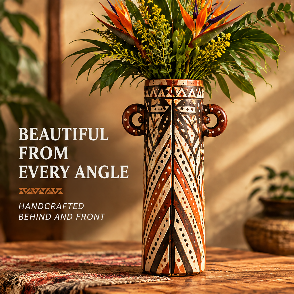 Back view of African tribal mask wooden vase with geometric patterns and text: Beautiful from Every Angle – Handcrafted Behind and Front