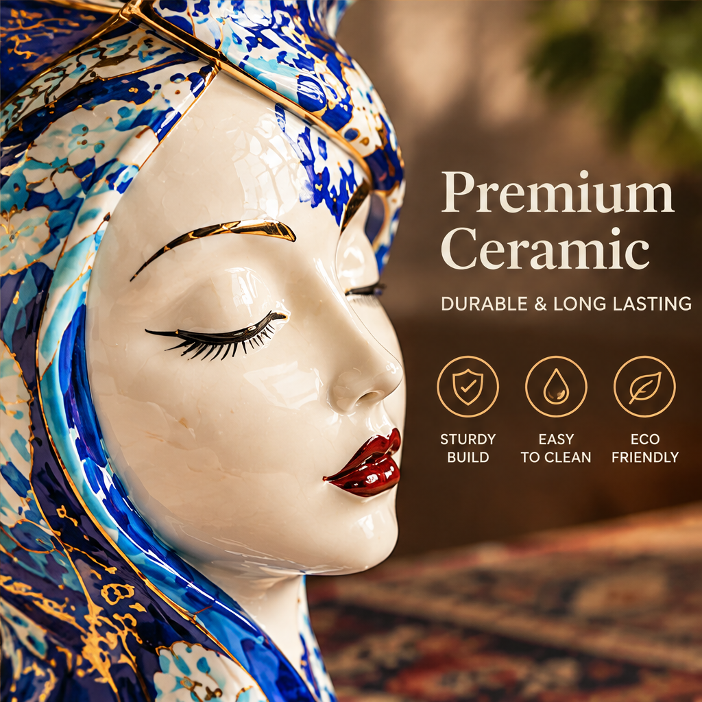 Close-up of Moroccan lady face ceramic vase showing painted lashes, gold brows and crimson lips with icons: Premium Ceramic – Sturdy Build, Easy to Clean, Eco Friendly